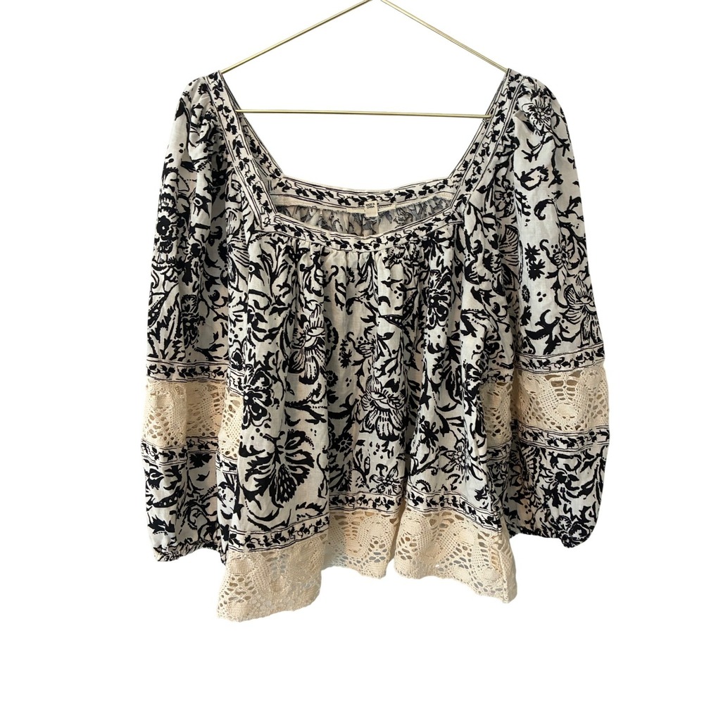 Christian Siriano New York Floral Toile Crochet Lace Peasant Blouse Blck White L - Picture 2 of 8